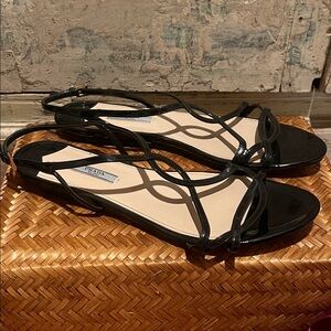 EUC Prada Black Patent Leather Mini Wedge Strappy Sandals /42, US 11-11.5/